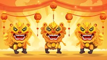 Halloween Monsters Spooky Halloween, Lion Dance Performers Set With Hanging Lanterns On Yellow Banner