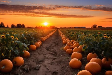 Poster - Pumpkin field at sunset