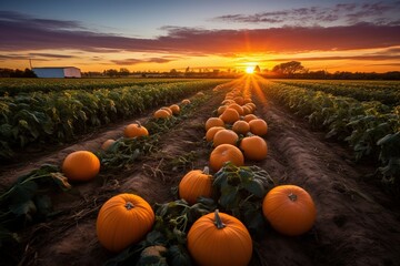 Poster - Pumpkin field at sunset