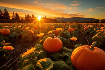 Poster - Pumpkin field at sunset