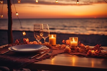 Poster - A table set for a romantic dinner on the beach