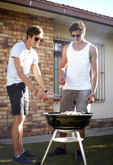 Wall Mural - Men, grill and meat season for BBQ in the backyard with cooking and lunch with friends. Garden, food and chat outdoor with young people together ready for eating with barbecue lunch in a yard