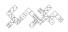 Cartoon Domino Tiles. Classic Dominoes, Domino's Pictogram. Playing, Parts Of Game Full Bones Tiles. Black, White Domino. Flat Vector Set. 28 Pieces. White Chip Of Domino On Board For Gambling. 