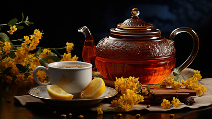 Wall Mural - cup of tea with lemon, ginger and mint on wooden background.