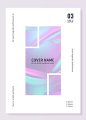 Poster - Holographic foil poster. Iridescent rainbow invitation. Purple mesh hologram flyer. Geometric shape and lettering. Abstract cover. Gradient texture. Vector minimal banner design template