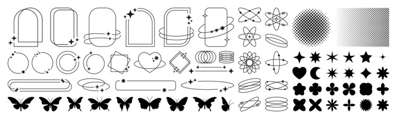 Poster - Sparkle elements. Aesthetic line frames. Digital shape symbols. Trendy 90s border. Simple icons for packaging design. Black silhouette butterfly. Half tone figures. Vector signs set
