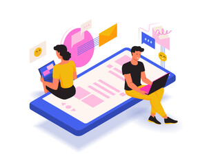 Poster - Social media. Mobile internet chat. Network in phone. Digital smartphone app. Couple online communication. People sitting on device screen. Sending messages. Vector isometric design