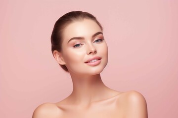 Wall Mural - Beautiful face of young woman with perfect health skin, spa concept, pink background