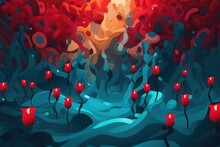 Horror Landscape With Red Flowers In Water. Abstract Blue And Red Background With Poppies To Remember All Victims Of War. 