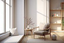Warm Sunlit Corner With Elegant Chair And Shelving
