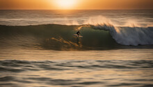 A Lone Surfer Riding A Massive, Crystal-clear Wave, With The Sun Setting On The Horizon, Capturing The Adrenaline And Serenity Of The Ocean.