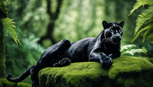 An Elegant Black Panther Resting Gracefully On A Moss-covered Stone, Surrounded By Emerald Ferns In A Lush Rainforest, Representing Power And Natural Beauty.