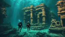  A Surreal Underwater World Where A Scuba Diver Explores An Ancient, Submerged City With Sunken Ruins, Showcasing The Mystery And Allure Of Forgotten Civilizations.