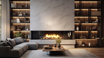 living room, marble wall fireplace and stylish bookcase to the ceiling in a chic expensive interior of a luxurious country house with a modern design with wood and led light, gray furniturN?