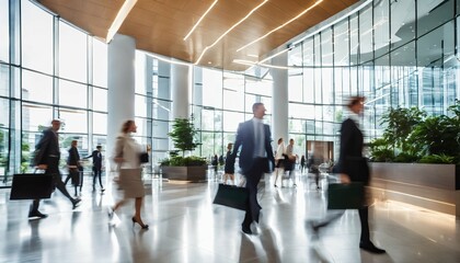 Wall Mural - Bright office lobby with fast moving crowd of business people in long exposure shot