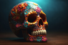 Skull On Wooden Table, Closeup. Day Of The Dead Celebration