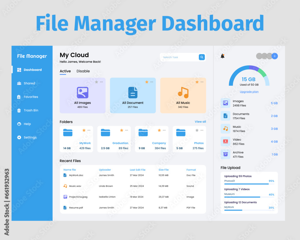File Manager Dashboard UI Kit. Suitable for file, folder and cloud ...