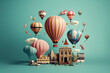 Vintage camera and colorful hot air balloons on yellow background. Travel concept