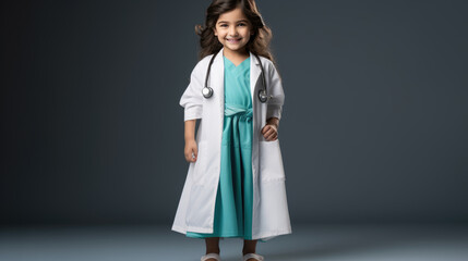 Wall Mural - A little girl in a white coat plays doctor. The concept of a child in an adult profession.