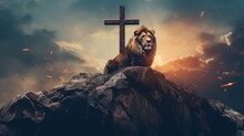 Lion Sitting On Top Of A Rock With A Cross In The Background