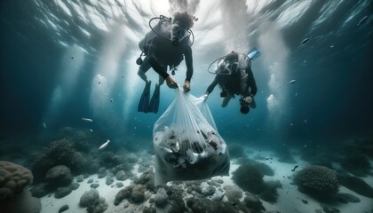 Wide close-up underwater shot of two divers diligently cleaning the ocean floor.