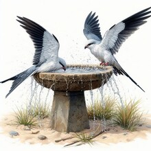 A Male And Female Mississippi Kite Splashing In An Old Cement Birdbath
