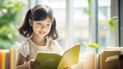 Sticker - A little girl preschooler reading a book sitting at her desk in the classroom