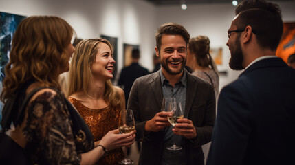 Wall Mural - Group of people with glasses stand during an exhibition at the gallery