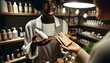 Close-up photo of a business owner of African descent, female, in her boutique, showcasing products that come in biodegradable wrappers.