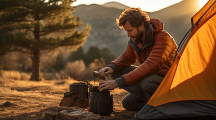 Wall Mural - Man sets up his tent and unpacking at a campground in the countryside