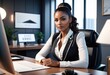© useful pictures - Modern Office: Black Businesswoman Sitting at Her Desk Working on a Laptop Computer. Smiling Successful African American Woman working with Big Data e-Commerce. Blur Background