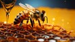 Honey bee on honeycombs. Close up view of bee on honeycomb.