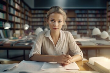 Poster - Woman Sitting at Table with Pen