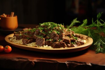 Wall Mural - Plate of Meat and Noodles on Table