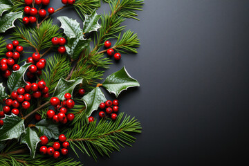 Wall Mural - christmas background with holly berries and leaves, closeup, top view