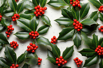 Wall Mural - christmas background with holly berries and leaves, closeup, top view