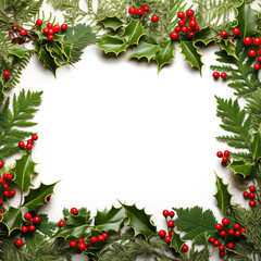 Wall Mural - christmas frame with holly berries and leaves,fir tree branches on white background, closeup, top vi