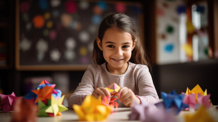 Poster - Young preschooler makes a paper and paint craft for classroom lessons