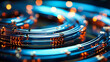 Close up view of metallic wires and cables with artificial lighting,