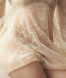 Female thighs in beige transparent lace dress, seduction and sensuality concept