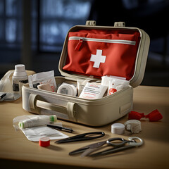 Open first aid kit on a table