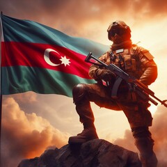 Triumph on the Summit: A Resolute Soldier Proudly Holding the Flag of Azerbaijan