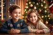 Happy little children opening presents on Christmas morning. Two excited kids sitting on floor in beautiful, decorated living room and together waiting a Christmas miracle with wonderful Xmas gift