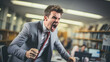 Angry boss shouting at office table. Young manager is annoyed and dissatisfied with the progress of business.  Tension and stress in work place. stressful work environment concept.