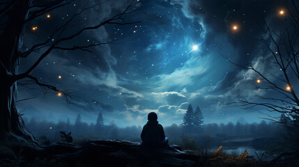 Wall Mural - Celestial Dreams: An image of a person gazing at the night sky, filled with wonder and dreams, with the stars as night light.