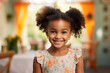 Smiling cute little african american girl with two pony tails looking at camera, generative ai 
