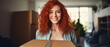New Beginnings : Radiant young woman with red head hair, carrying large box during a move. Empty, illuminated apartment as backdrop. Symbol of fresh start and new life in apartment. Generative ai