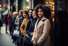Black Friday Konzept, Lächelnde Frauen Stehen In Der Schlange Vor Einem Geschäft Um Auf Schnäppchenjagd Zu Gehen, Konsum Und Kauflust