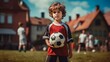 © savvalinka - Child playing football. A boy stands in the middle of a sports field and holds a football ball in his hands.