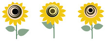 A Set Of Three Cartoon Sunflowers. Vector Illustration For Card, Poster, Textile Design